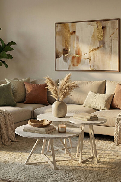 FANO Assem 3'lü Orta Sehpa, Traverten Desenli MDF, Krem Metal Ayak, Üçlü Orta...