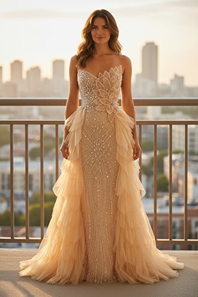 Hanımefendi Giyim Zarif Yaprak Desenli Tül Kuyruklu Taşlı Uzun Abiye Elbise