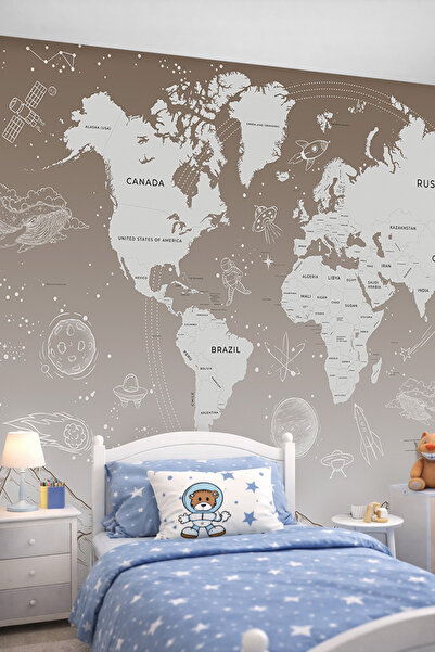 dreamwall Uzay Kaşifi Dünya Haritası ve Dağ Silueti Tek Parça Tekstil Duvar K...