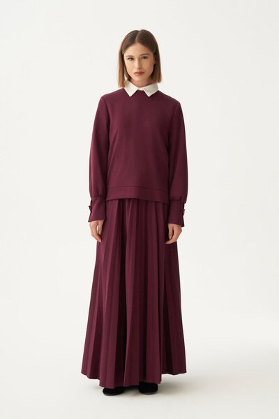 ALLDAY Burgundy-Soft Textured Pleated Stylish Skirt Suit