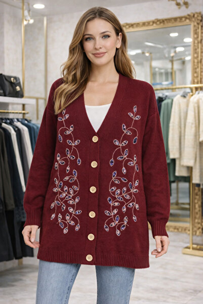 ERVA Kadın Nakış İşlemeli Uzun Kollu DDüğmeli Triko Hırka