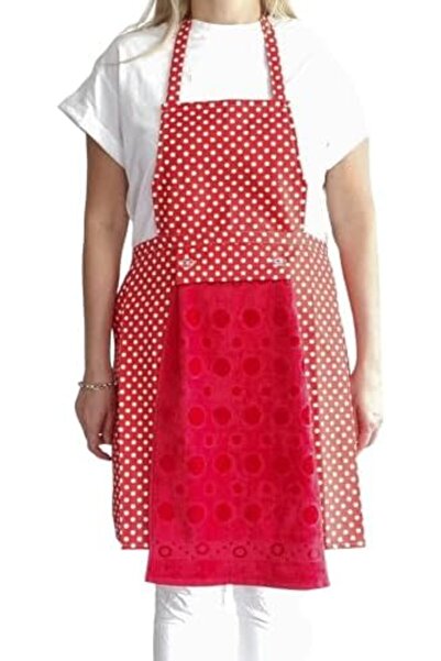 Yıldızan Esnshop Waterproof Kitchen Apron with Towel Red-Red with Towel Polka...