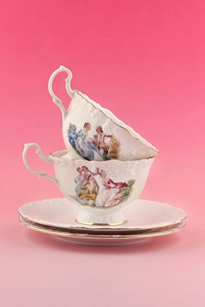 Bursa Porselen Dekor Markis altın yaldızlı 2 kişilik çay fincan takımı