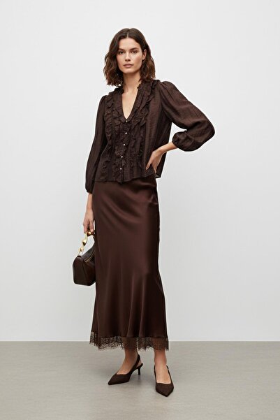 Loreen Fusta lungă cu detalii din dantelă din satin-20729 - MARO