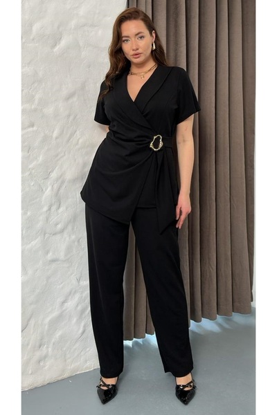 Butik Nilyam Women's Plus Size Double Breasted Collar Short Sleeve Waist Belt...