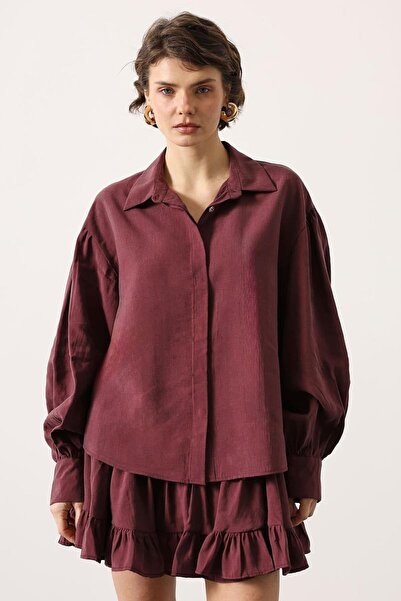 Trend Alaçatı Stili Women's Burgundy Balloon Sleeve Hidden Placket Woven Shir...