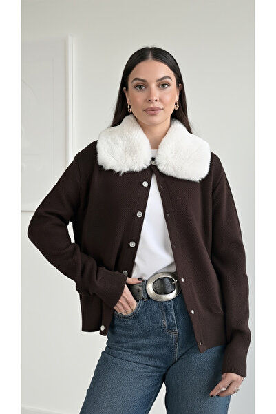 My Blog Brown Fur Collared Cardigan - 261002