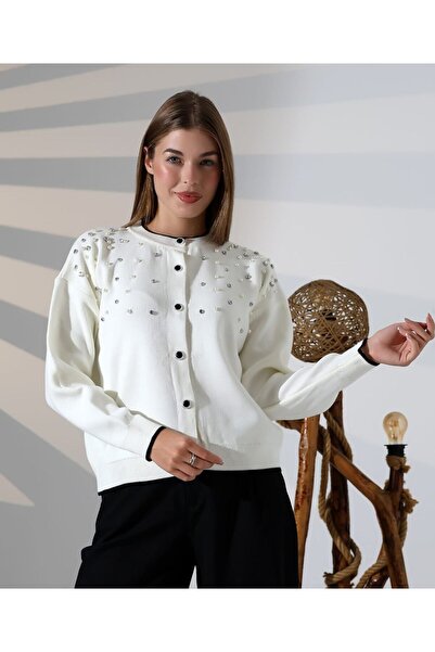 Nursay Knitted Cardigan with Stones on the Front