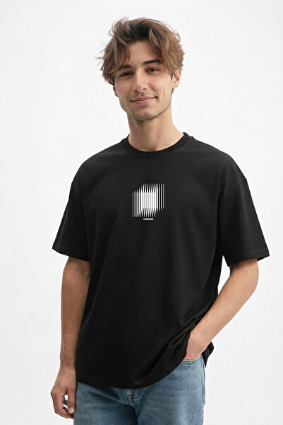 caddekombin Tricou negru din bumbac 100% pentru bărbați, cu detaliu linie izo...