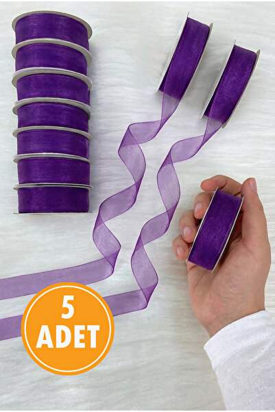 ZEYMERADE 5 Adet Organze Tül Kurdele Mor 2 cm 22 mt, Bohça, Nişan, Çeyiz, Hed...