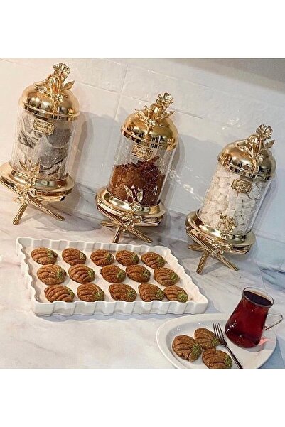 AZADE BAKIR GOLD PİRİNÇ JAPONGÜL AYAKLI ÇATLAK CAM KAVANOZ 3’LÜ SET