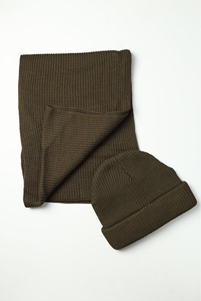 Bisse Men's Khaki Plain Beret Scarf Set