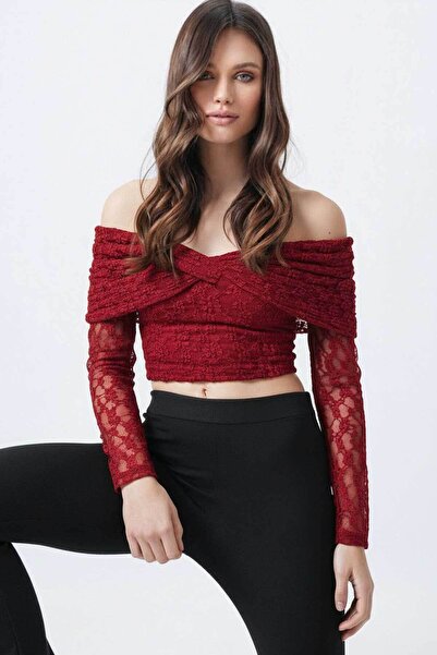 Trend Alaçatı Stili Women's Burgundy Madonna Collar Lined Lace Blouse Alc-X15192