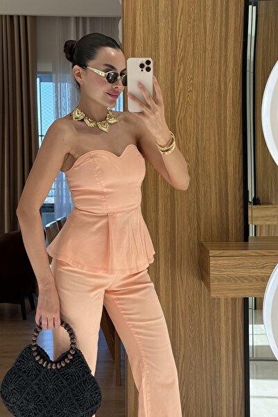 YVONNE Straplez Likralı Volanlı Gabardin Bluz