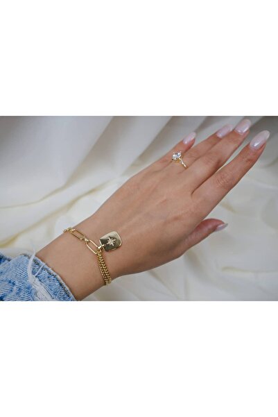 ATELİER TUĞBA Blk230 Star Plate Detail Gold Chain Bracelet (17 cm + 3 cm Exte...