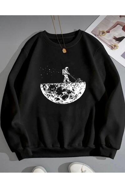Oceanwear Astronaut Moon Printed Crew Neck Women'S/Men's Plain Black Sweatshirt