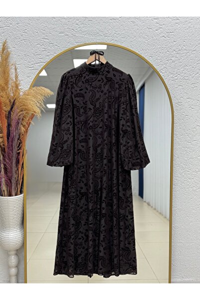 BENAHOLL Fadime Hakim Yaka Desenli Flok Elbise-EK124.5 Kahve