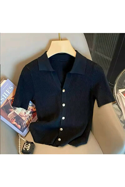 NATUFIAN STORE Women's Black Polo Collar Basic Knitwear T-Shirt with Metal Go...