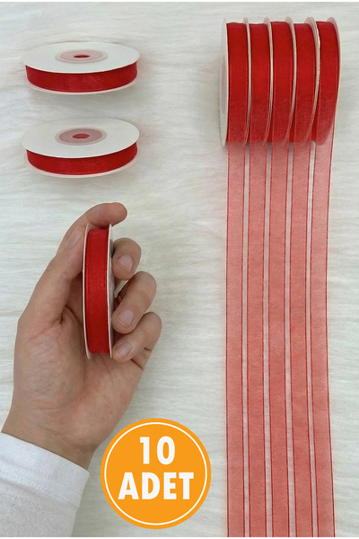ZEYMERADE 10 Adet Organze Tül Kurdele Kırmızı 1cm 22mt, Bohça, Nişan, Çeyiz, ...