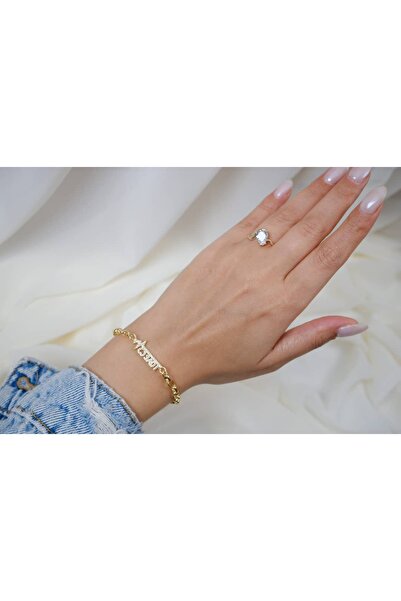 ATELİER TUĞBA Blk238 Gold Bracelet with Stone and Love Writing (17 cm + 3 cm ...