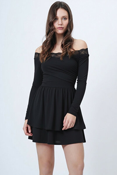 Trend Alaçatı Stili Women's black madonna neck lace detailed flounced sandy d...