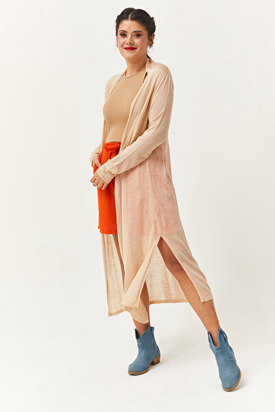 LE CARAMBOLE Women's Beige Slim-Fit Long Knit Cardigan with Slits