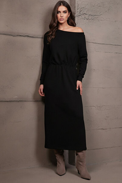 Trend Alaçatı Stili Women's Black Boat Neck Elastic Waist Midi Dress Alc-X15226