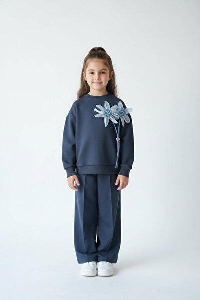 Dimoi Kids Kız Çocuk Lacivert Çiçek Detaylı Sweatshirt-Bol Kesim Eşofman Takım