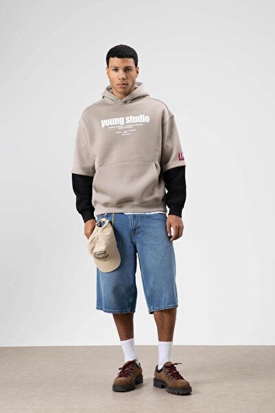 VAMOSCLO Oversize Printed Hooded Sweatshirt Light Mink