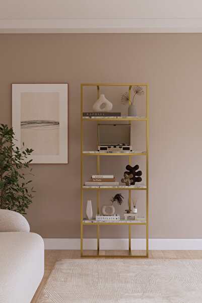 Solto Home OB16-25 Altın Modern Metal Kitaplık – Ofis, Salon ve Mağaza İçin R...