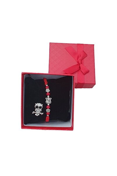 OEM Mărțișor în cutie cu capac, brățară roșie și broșă în formă de bufniță, c...