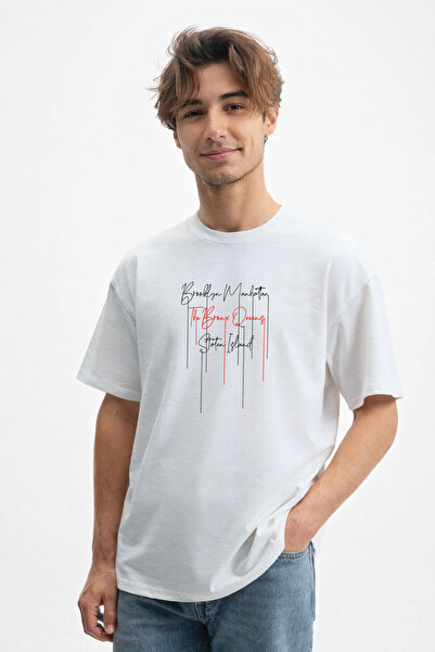 caddekombin Muški Njujorški Krajovi Tekst Štampano okrugla kragna Beli T-shirt