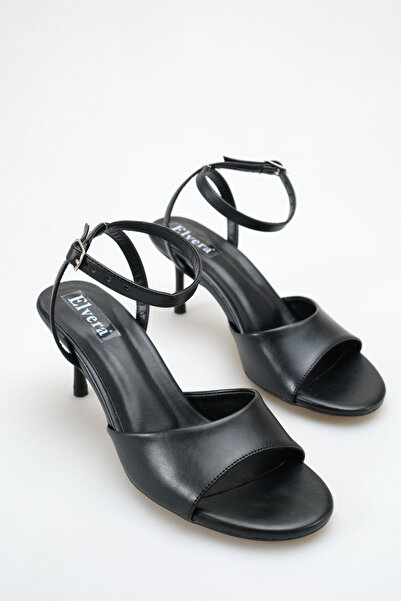 MALENTA Sandale de damă cu toc subțire, piele neagră, vârf rotund, cu curea l...