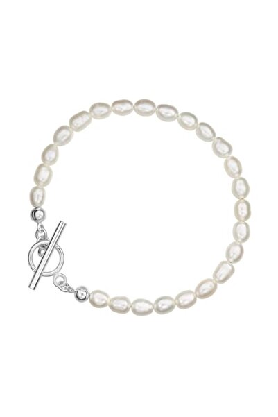 e-Crystal Silver 925 Bracelet with White Pearls 6.5mm, Toggle Clasp S - 17 cm