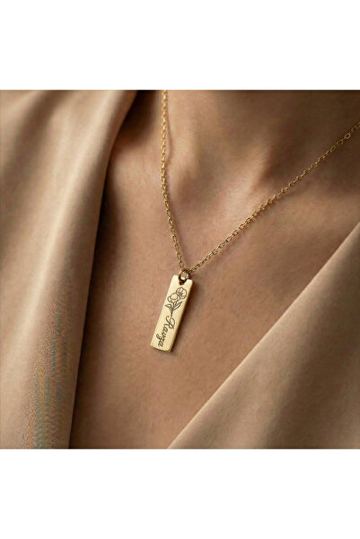 AvaLineAtelier 925 Ayar Gümüş Doğum Çiçekli İsimli Bar Kalp Kolye 14 Ayar Kap...
