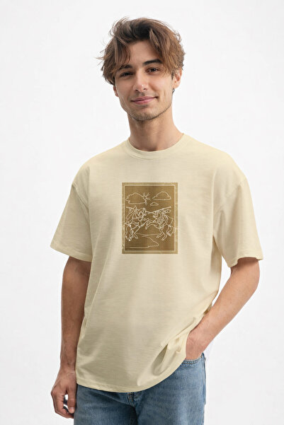 caddekombin Tricou pentru bărbați, din bumbac, bej, cu imprimeu Knight Duel, ...