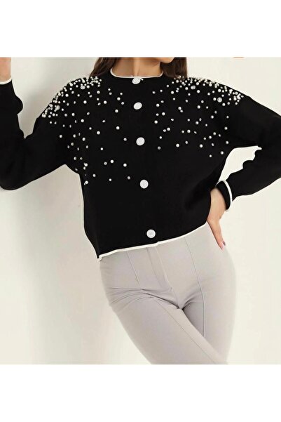 Nursay Knitted Cardigan with Stones on the Front