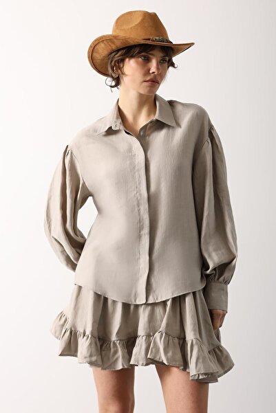 Trend Alaçatı Stili Women's stone balloon sleeve hidden placket woven shirt a...