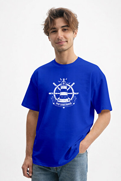 caddekombin Ανδρικό μπλουζάκι Sea Passion: Old Lighthouse Printed Saks Blue T...