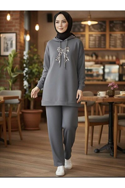 SHİROSA Hooded Ribbon-Printed Hijab Two-Piece Set