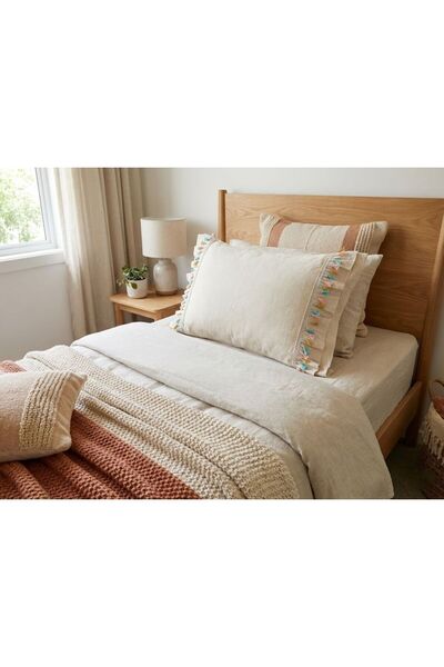 LILYUM %100 Pamuk Renkli Püsküllü Fırfır Detaylı Ham Keten 2'li Yastık Kılıfı...