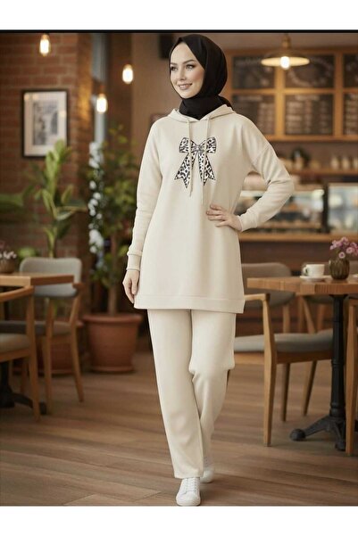 SHİROSA Hooded Ribbon-Printed Hijab Two-Piece Set