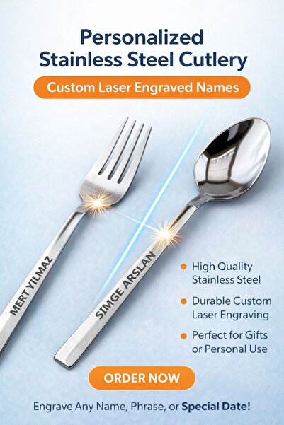 aktaş home Kişiye Özel Lazer İşlemeli Paslanmaz Çelik Yemek Bıçağı 6 ADET – U...