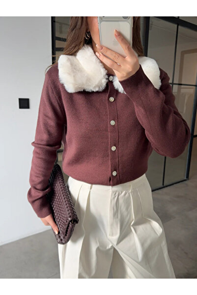 My Blog Burgundy Fur Collar Cardigan - 261002