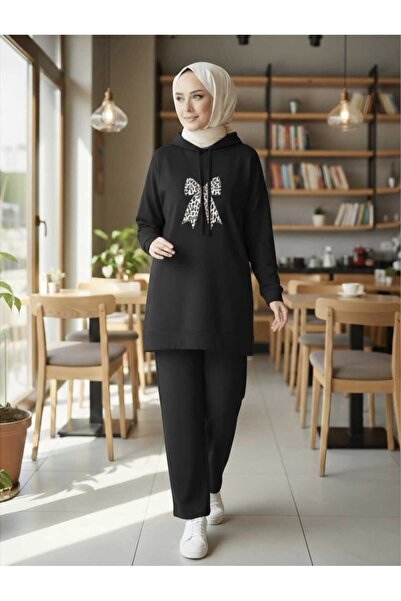 SHİROSA Hooded Ribbon-Printed Hijab Two-Piece Set