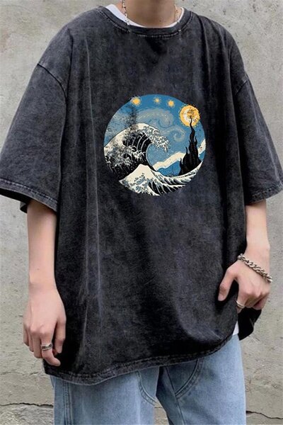 Le Savu Washable Kanagawa Oki Nami Ura Printed Unisex Oversize Vintage T-Shirt