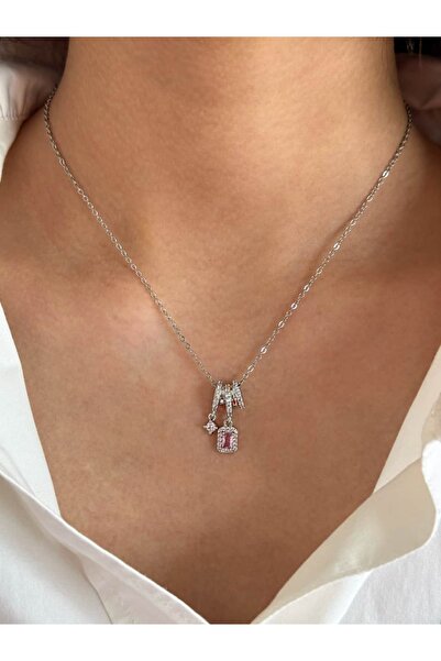 h&b design jewel Çelik Pembe Baget Taşlı Tasarım Kolye