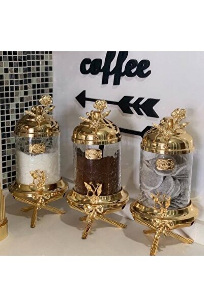 AZADE BAKIR GOLD PİRİNÇ JAPONGÜL AYAKLI ÇATLAK CAM KAVANOZ 3’LÜ SET
