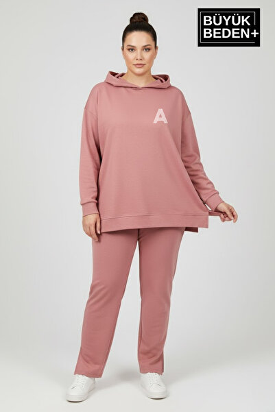 Superlife Plus Size Hooded a Printed Tunic Slim Sweatshirt Spr26Btk991-3