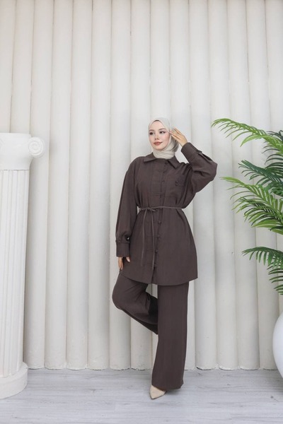 ankanoor Tunic Set with Pockets and Thin Belted Pants Anka264074